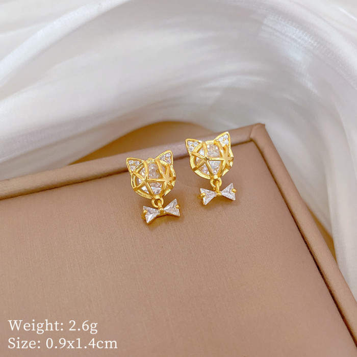 [Titanium Steel] Necklace and Earring Set Light Luxury Fully Stone-Set Bow Cat Personality Temperament Party Earrings Ne...