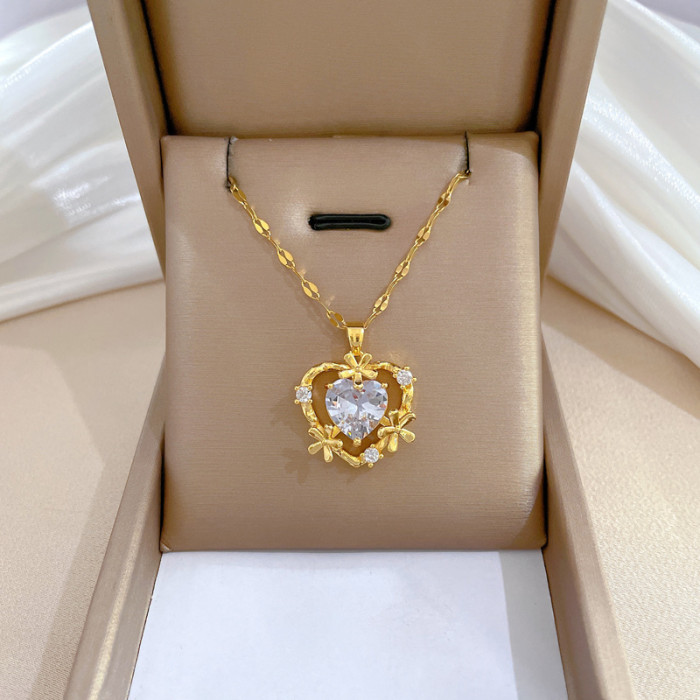 [Titanium Steel] Micro Inlaid Necklace and Earrings Set Light Luxury Heart Flower Personality Temperament Banquet Ear...