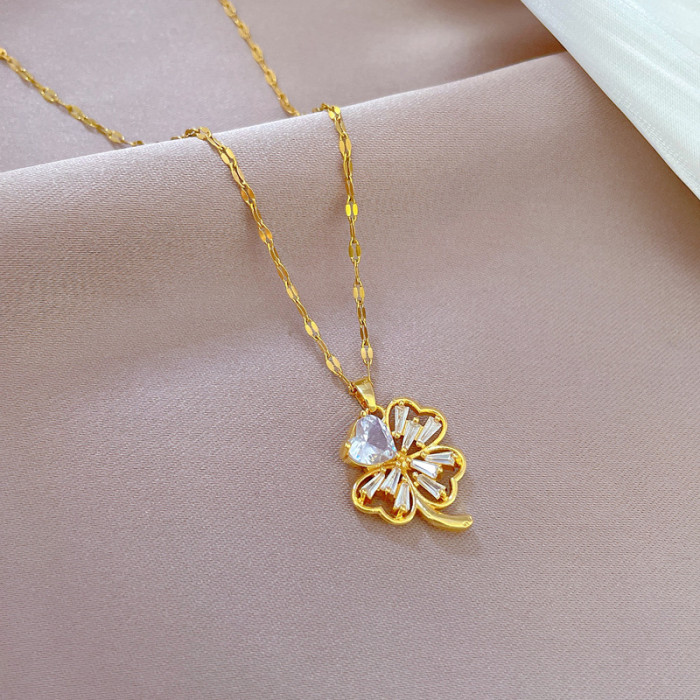 [Titanium Steel] Micro Inlaid Necklace and Earrings Set Light Luxury Four-Leaf Flower Personality Temperament Banquet Earrings Necklace Combination