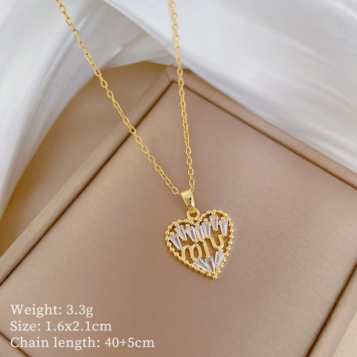 [Titanium Steel] Necklace and Earring Set Light Luxury Full Diamond Hollow Heart Personality Elegant Party Earrings Necklace Set