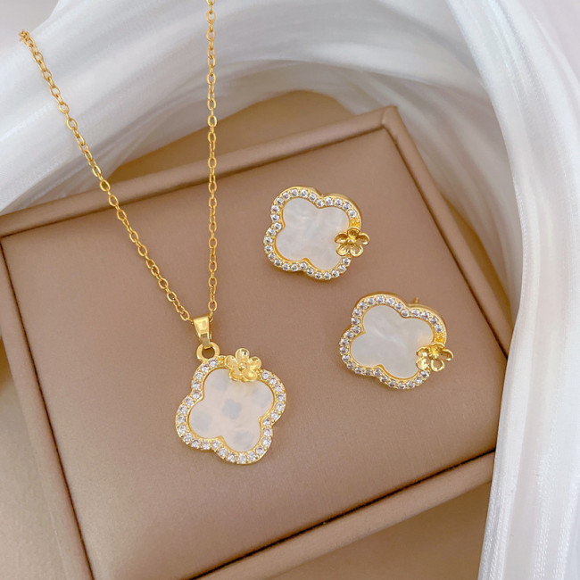 [Titanium Steel] Necklace and Earring Set Light Luxury Fully Stone-Set Lucky Clover Shell Personality Elegant Party Earr...