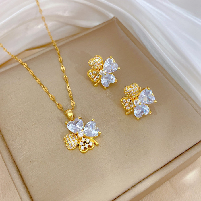 [Titanium Steel] Four-Leaf Fully Stone-Set Necklace and Earring Set Light Luxury Micro Inlay Personality Temperament Ban...