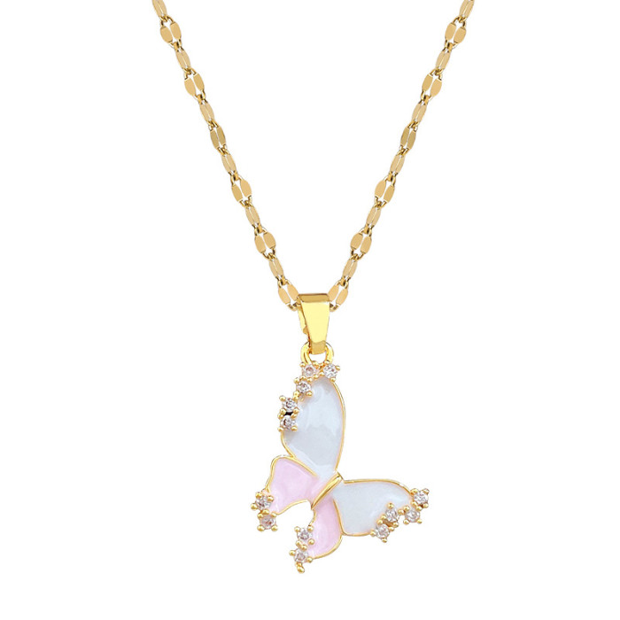 [Titanium Steel] Oil-Drip Pink Butterfly Set Light Luxury Elegant Gorgeous Full Diamond Necklace for Women Versatile Collarbone Titanium Steel Chain