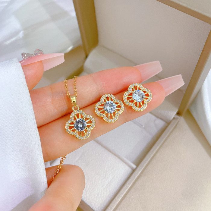 [Titanium Steel] Full Diamond Four-Leaf Flower Necklace and Earring Set Light Luxury Micro Inlay Personality Temperament Banquet Earrings and Necklace Set
