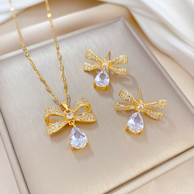 [Titanium Steel] Butterfly Water Drop Micro Inlaid Necklace Earrings Set Light Luxury Micro Inlaid Personality Temperament Earrings Necklace Combination