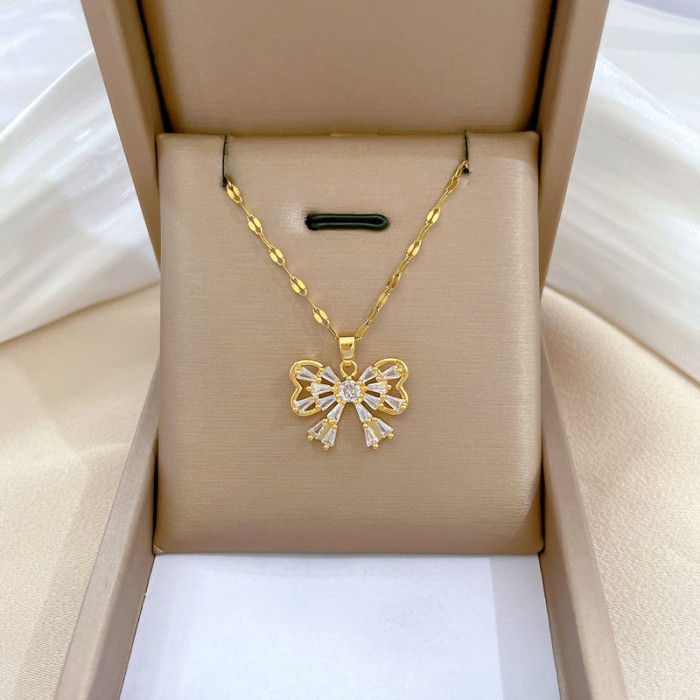 [Titanium Steel] Micro Inlaid Necklace and Earrings Set Light Luxury Micro Inlaid Butterfly Personality Elegant Party...