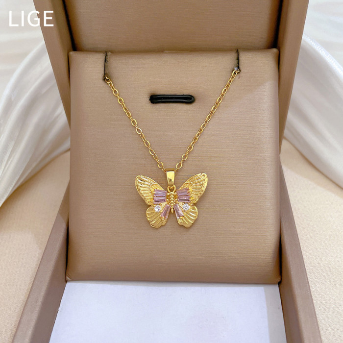 [Titanium Steel] Necklace and Earring Set Light Luxury Laser Butterfly Fully Stone-Set Personality Elegant Party Earring...