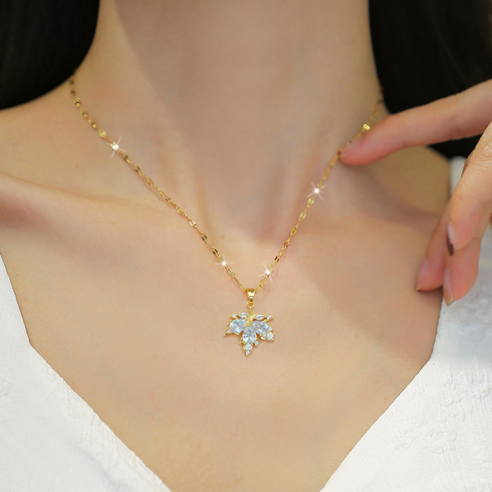 [Titanium Steel] Micro Inlaid Necklace and Earrings Set Light Luxury Maple Leaf Fully Stone-Set Personality Elegant Part...
