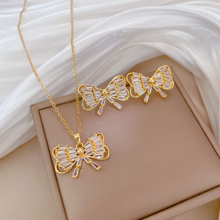 [Titanium Steel] Necklace and Earring Set Light Luxury Heavy Craft Bow Full Diamond Personality Temperament Banquet Earrings Necklace Set