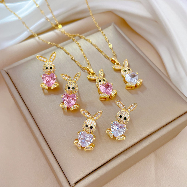 [Titanium Steel] Micro Inlaid Necklace and Earrings Set Light Luxury Micro Inlaid Rabbit Personality Elegant Party Ea...