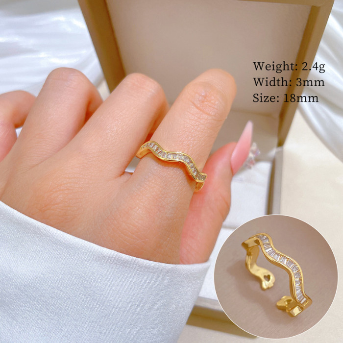 【Real Gold】Curved Irregular Zircon Ring Adjustable Open Simple Hand Jewelry Japanese Style Couple Rings