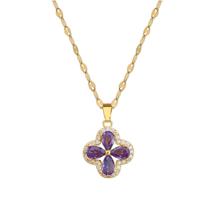 [Titanium Steel] New Niche Design Style Micro Inlaid Zircon Amethyst Four-Leaf Flower Pendant Titanium Steel Clavicle...