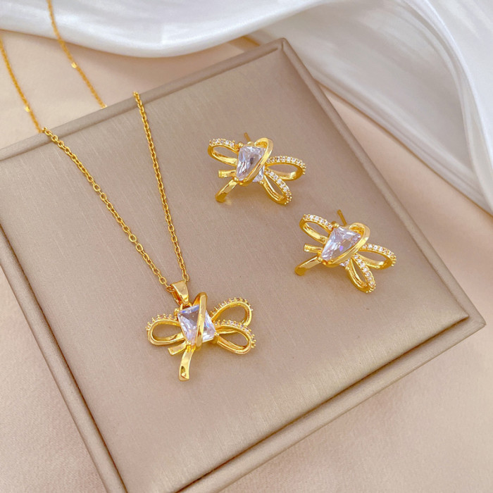 [Titanium Steel] Micro Inlaid Necklace and Earrings Set Light Luxury Bowknot Personality Temperament Banquet Earrings Necklace Combination