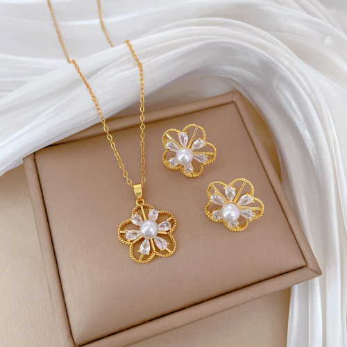 [Titanium Steel] Necklace and Earring Set Light Luxury Full Diamond Filigree Five-Leaf Flower Pearl Elegant Party Earrings Necklace