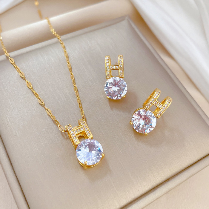 [Titanium Steel] Letter Zircon Necklace and Earrings Set Light Luxury Micro Inlay Personality Temperament Banquet Earrings Necklace Combination