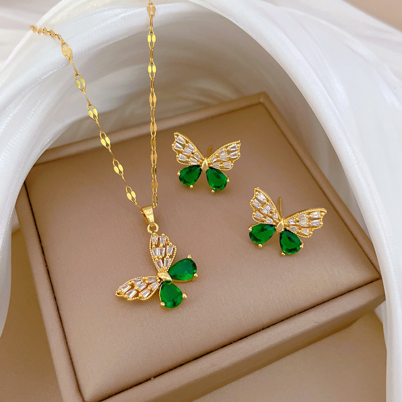 [Titanium Steel] Hollow Butterfly Necklace and Earring Set Light Luxury Micro Inlay Personality Temperament Banquet Earrings Necklace Combination