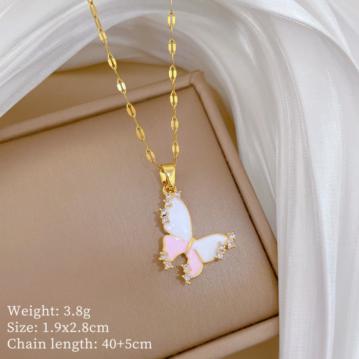 [Titanium Steel] Oil-Drip Pink Butterfly Set Light Luxury Elegant Gorgeous Full Diamond Necklace for Women Versatile Collarbone Titanium Steel Chain