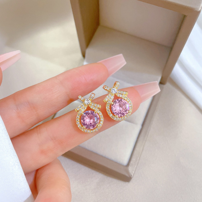 [Titanium Steel] Necklace and Earring Set Light Luxury Fully Stone-Set Water Drop Bowknot Personality Temperament Banque...