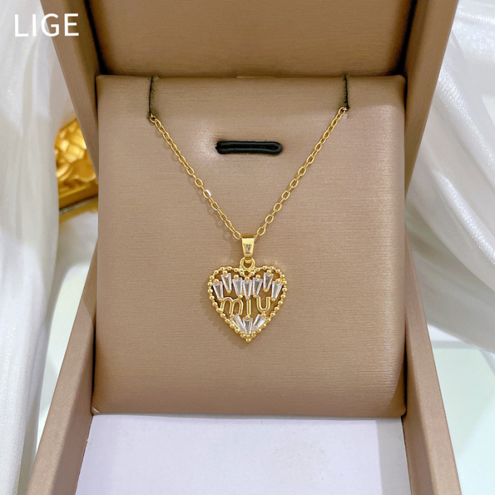 [Titanium Steel] Necklace and Earring Set Light Luxury Full Diamond Hollow Heart Personality Elegant Party Earrings Necklace Set