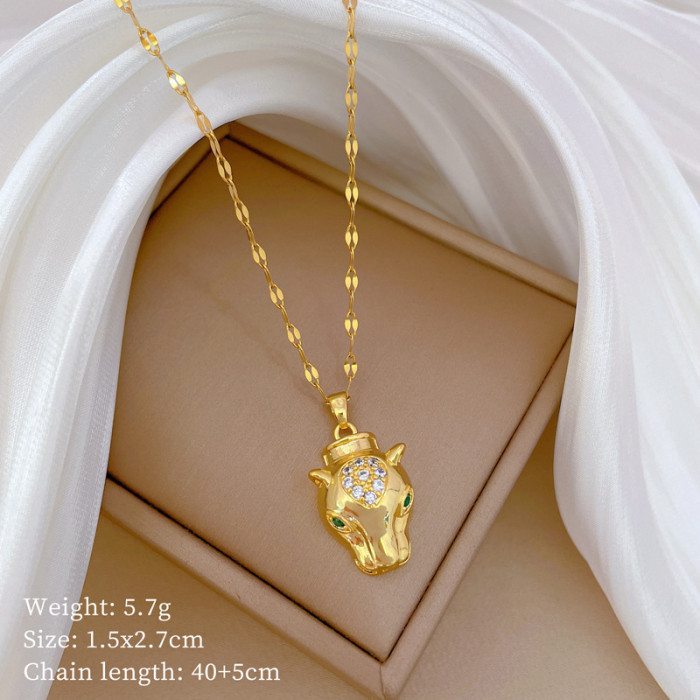 [Titanium Steel] Leopard Head Necklace and Earrings Set Light Luxury Micro Inlay Personality Temperament Banquet Earrings Necklace Combination