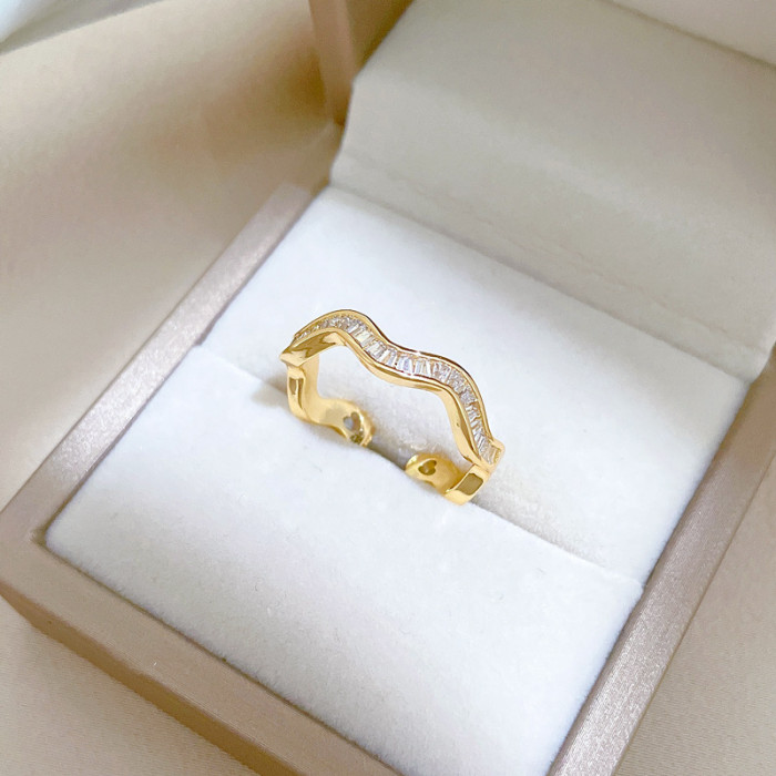 【Real Gold】Curved Irregular Zircon Ring Adjustable Open Simple Hand Jewelry Japanese Style Couple Rings