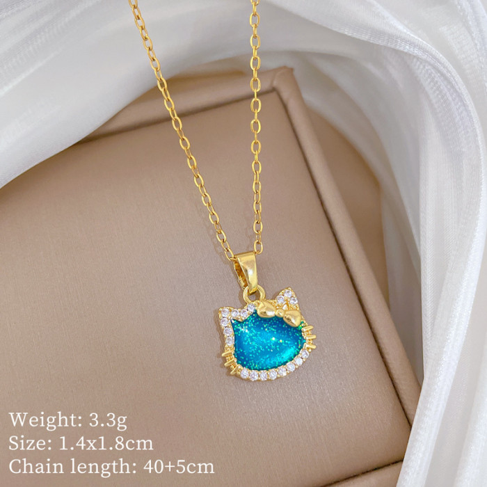 [Titanium Steel] Colorful Bow Cat Light Luxury Elegant Fully Stone-Set Necklace for Women Versatile Collarbone Titanium...