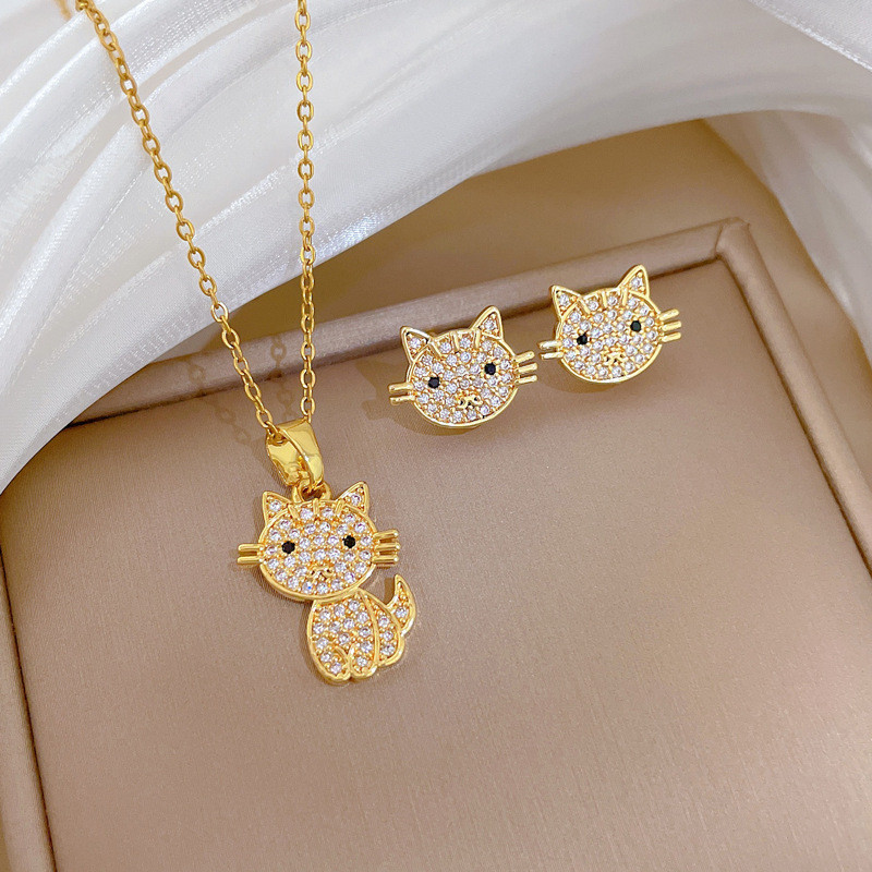 [Titanium Steel] Full Diamond Cute Cat Set Light Luxury Elegant Gorgeous Full Diamond Necklace for Women Versatile Collarbone Titanium Steel Chain