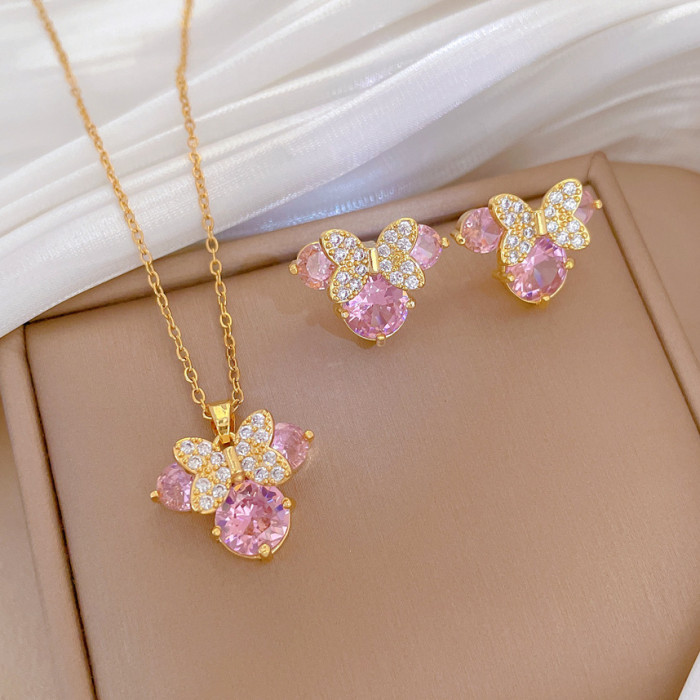 [Titanium Steel] Necklace and Earring Set Light Luxury Fully Stone-Set Cat Bowknot Personality Elegant Party Earrings Ne...