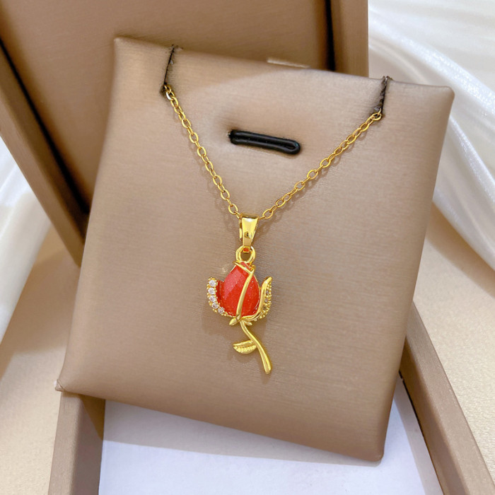 [Titanium Steel] Red Rose Flower Set Light Luxury Elegant Gorgeous Fully Stone-Set Necklace for Women Versatile Collarbo...