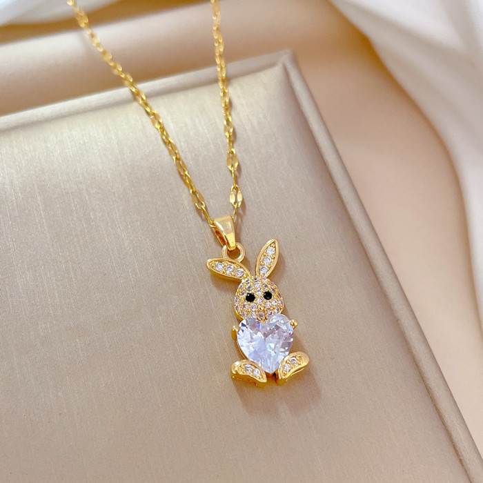 [Titanium Steel] Micro Inlaid Necklace and Earrings Set Light Luxury Micro Inlaid Rabbit Personality Elegant Party Ea...