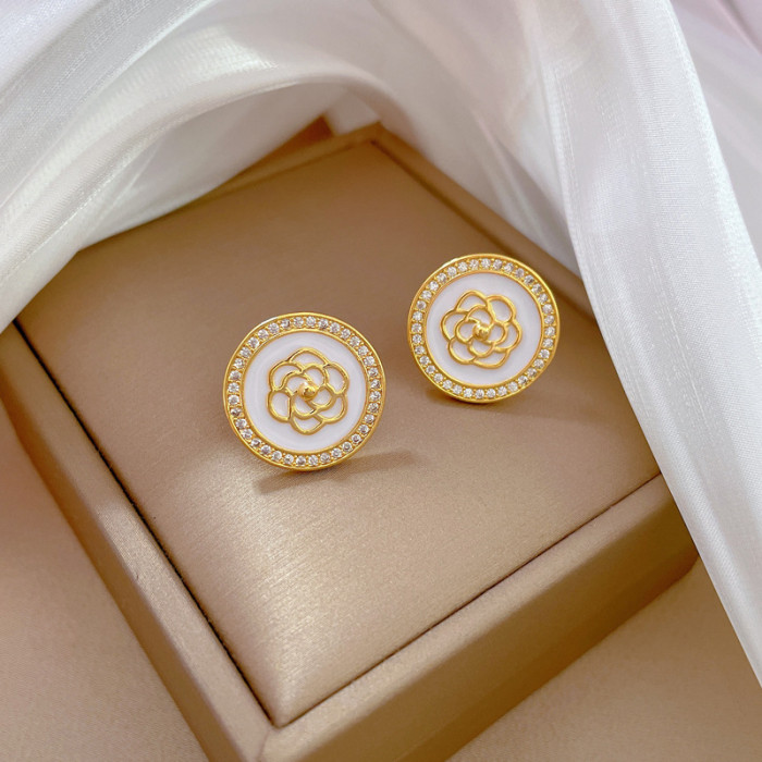 [Titanium Steel] Round Camellia Necklace and Earrings Set Light Luxury Micro Inlay Personality Temperament Banquet Earrings and Necklace Set