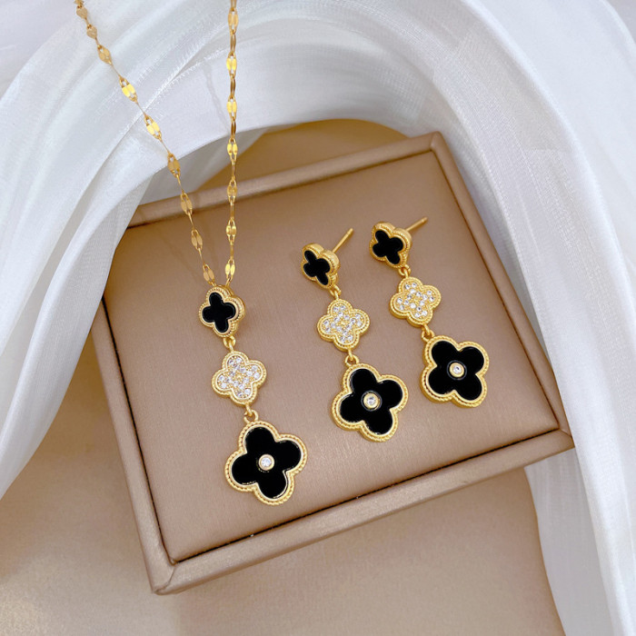 [Titanium Steel] Tassel Lucky Clover Micro Inlaid Necklace and Earrings Set Light Luxury Personality Temperament Earr...