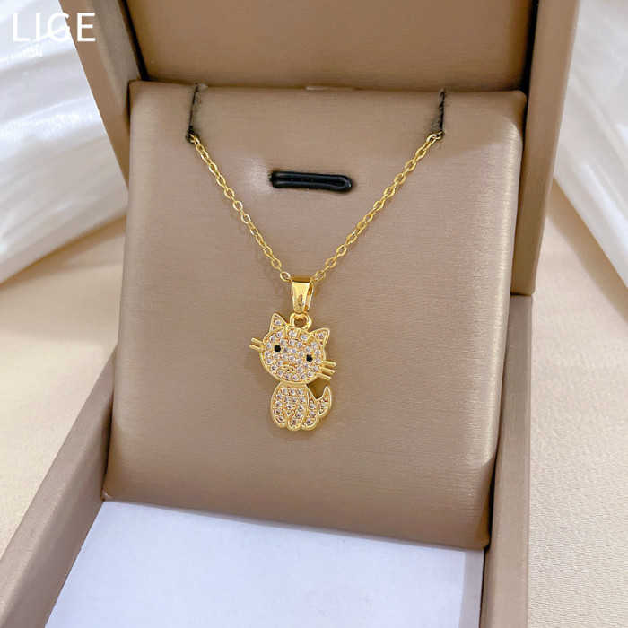 [Titanium Steel] Full Diamond Cute Cat Set Light Luxury Elegant Gorgeous Full Diamond Necklace for Women Versatile Collarbone Titanium Steel Chain