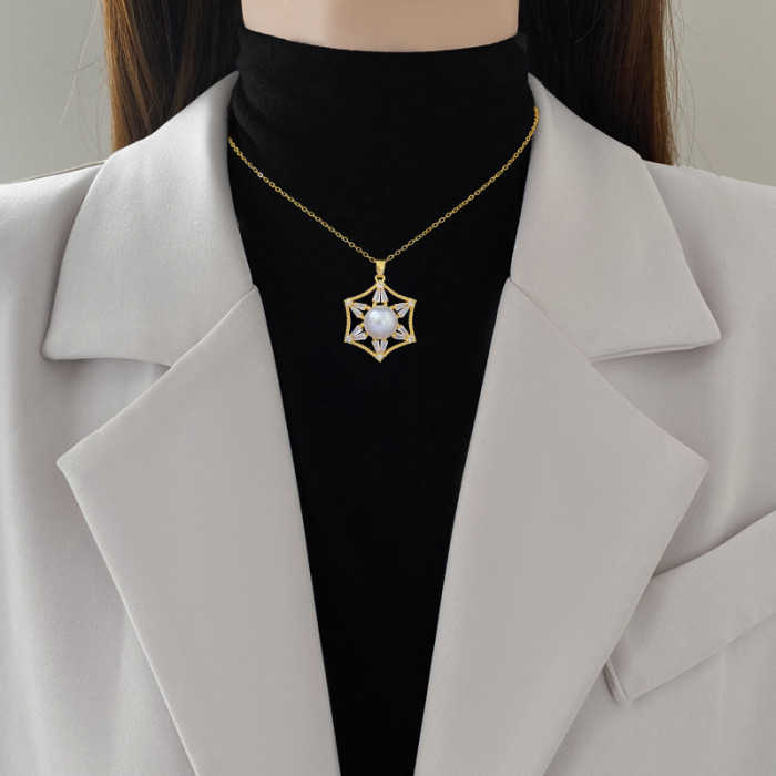 [Titanium Steel] Necklace and Earrings Set Light Luxury Full Diamond Hexagonal Pearl Personality Elegant Party Earrin...
