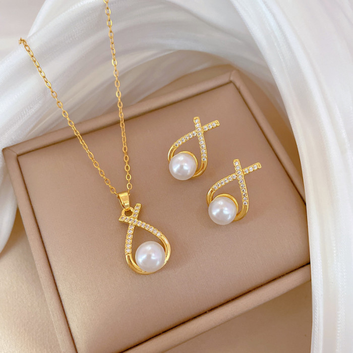[Titanium Steel] Necklace and Earrings Set Light Luxury Full Diamond Cross Pearl Personality Temperament Banquet Earr...