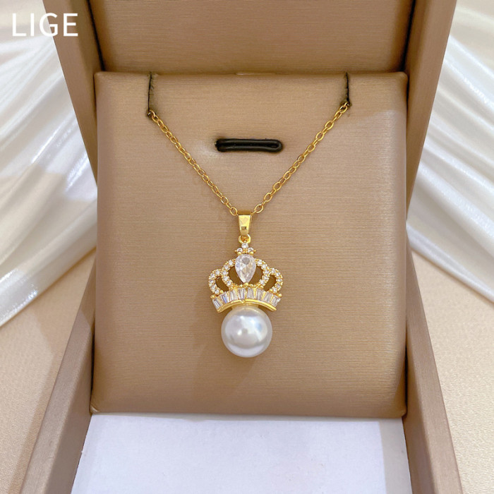 [Titanium Steel] Necklace and Earring Set Light Luxury Full Diamond Pearl Crown Personality Elegant Party Earrings Ne...