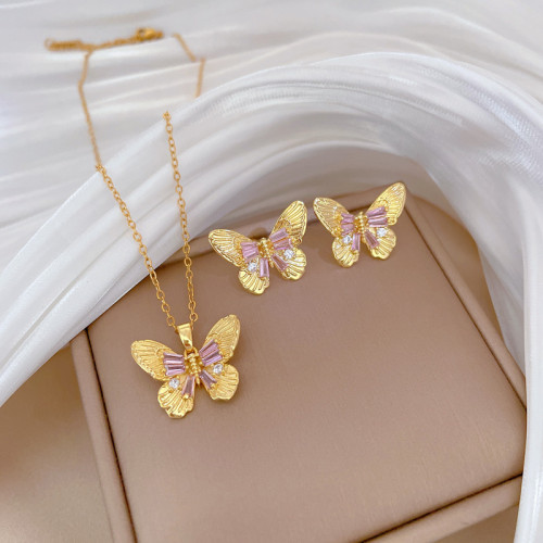 [Titanium Steel] Necklace and Earring Set Light Luxury Laser Butterfly Full Diamond Personality Elegant Party Earrings Necklace Set