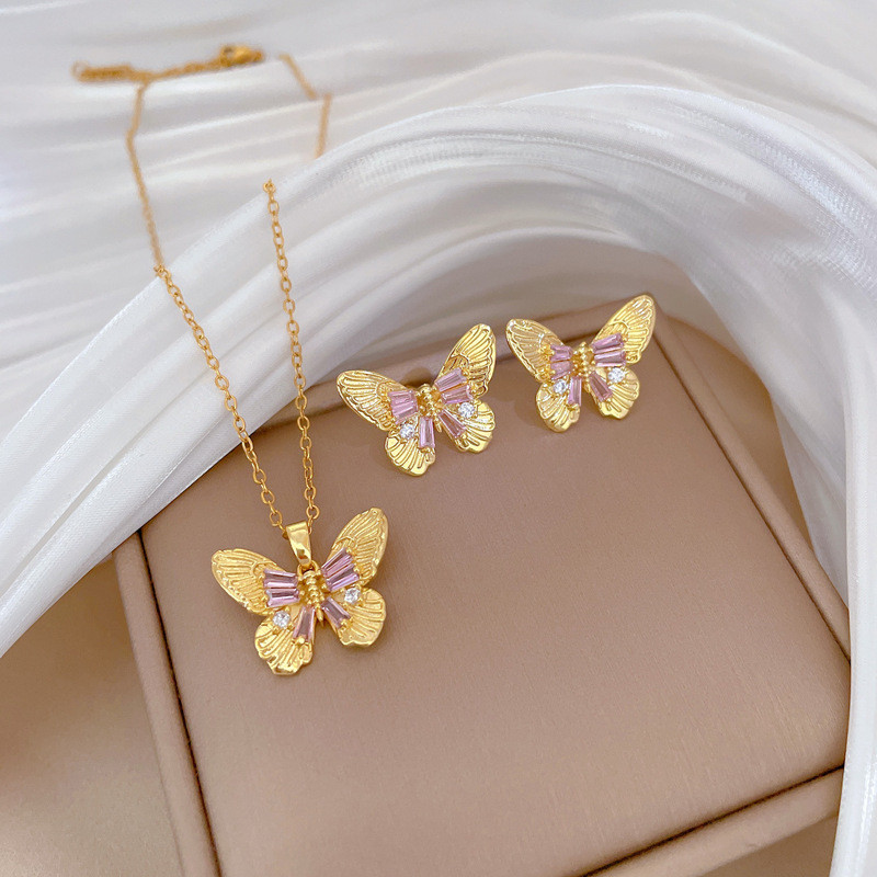 [Titanium Steel] Necklace and Earring Set Light Luxury Laser Butterfly Full Diamond Personality Elegant Party Earrings Necklace Set