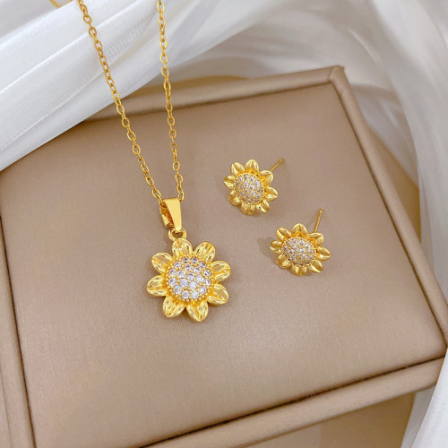 [Titanium Steel] Sunflower Flower Set Light Luxury Elegant Gorgeous Full Diamond Necklace Women's Versatile Collarbone Titanium Steel Chain