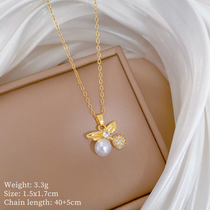 [Titanium Steel] Necklace and Earring Set Light Luxury Full Diamond Pearl Cherry Personality Elegant Party Earrings N...