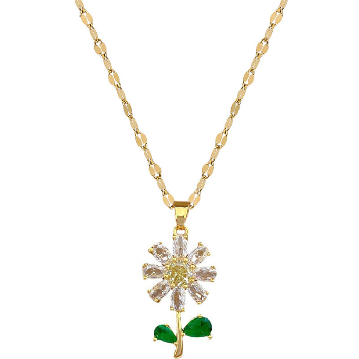 [Titanium Steel] Green Leaf Flower Necklace and Earring Set Light Luxury Micro Inlay Personality Temperament Banquet...