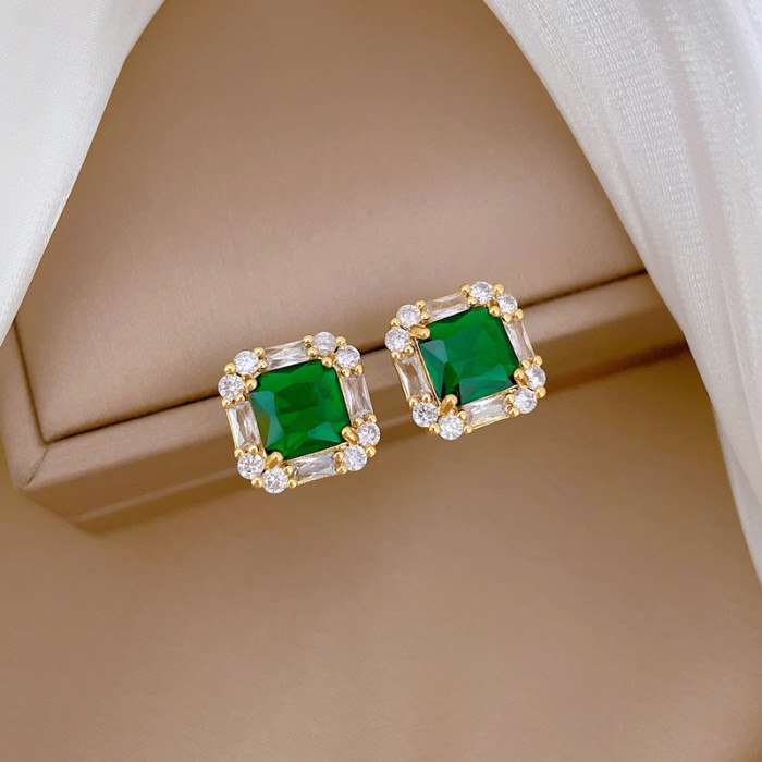 [Titanium Steel] Necklace and Earring Set Light Luxury Fully Stone-Set Green Square Personality Temperament Banquet Earr...