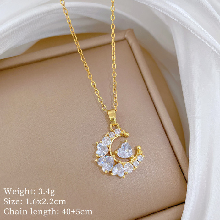 [Titanium Steel] Moon Heart Zircon Set Light Luxury Rhombus Pendant Personality Temperament Banquet Earrings Necklace...