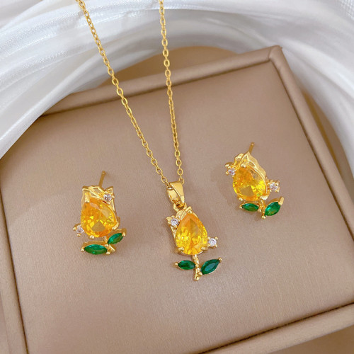 [Titanium Steel] Champagne Gold Rose Flower Set Light Luxury Elegant Gorgeous Full Diamond Necklace for Women Versatile Collarbone Titanium Steel Chain