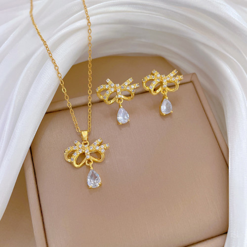[Titanium Steel] Necklace and Earring Set Light Luxury Full Diamond Butterfly Water Drop Personality Elegant Party Earrings Necklace Set