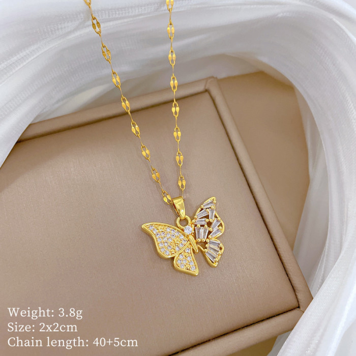 [Titanium Steel] Butterfly Micro Inlaid Necklace Earrings Set Light Luxury Micro Inlaid Personality Temperament Banqu...
