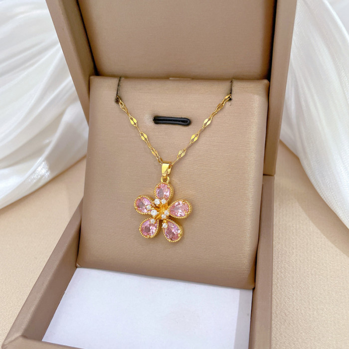 [Titanium Steel] Necklace and Earring Set Light Luxury Fully Stone-Set Pink Five-Leaf Flower Personality Temperament Ban...