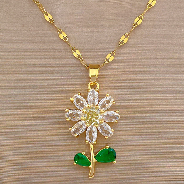 [Titanium Steel] Green Leaf Flower Necklace and Earring Set Light Luxury Micro Inlay Personality Temperament Banquet...