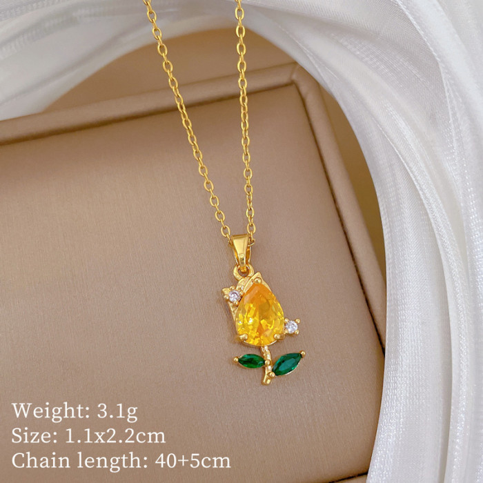 [Titanium Steel] Champagne Gold Rose Flower Set Light Luxury Elegant Gorgeous Full Diamond Necklace for Women Versatile Collarbone Titanium Steel Chain