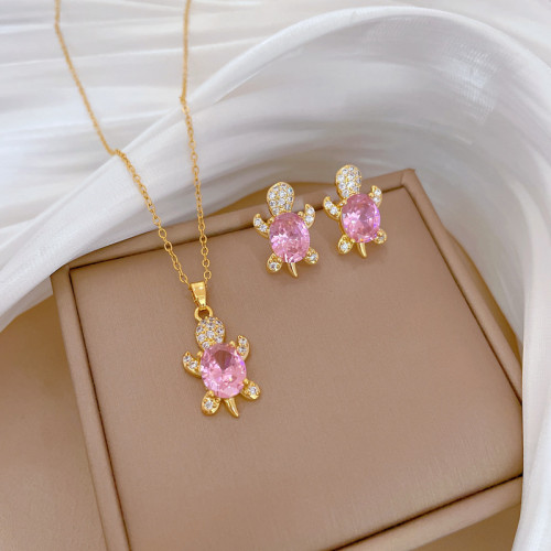 [Titanium Steel] Necklace and Earring Set Light Luxury Full Diamond Pink Turtle Personality Elegant Party Earrings Necklace Set